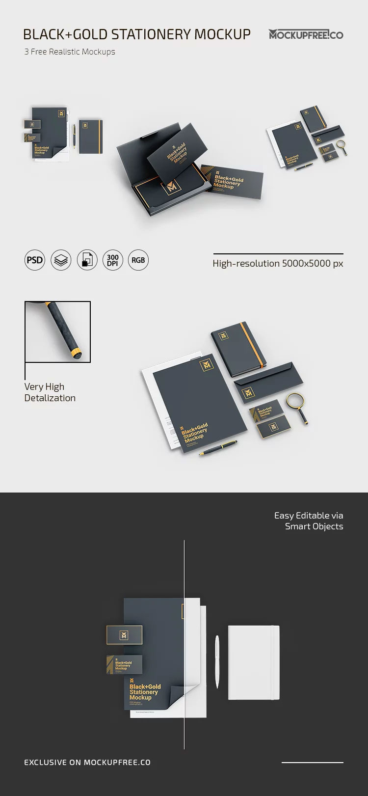 Free 3 Showcases of Black Gold Stationery Mockup PSD Template