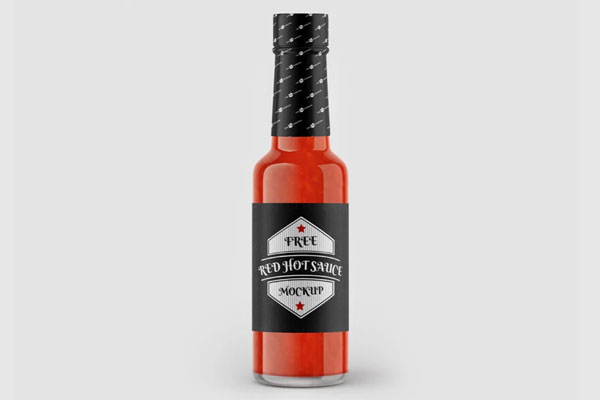 Free 3 Showcases of Cylindrical Red Hot Sauce Bottle Mockup PSD Template
