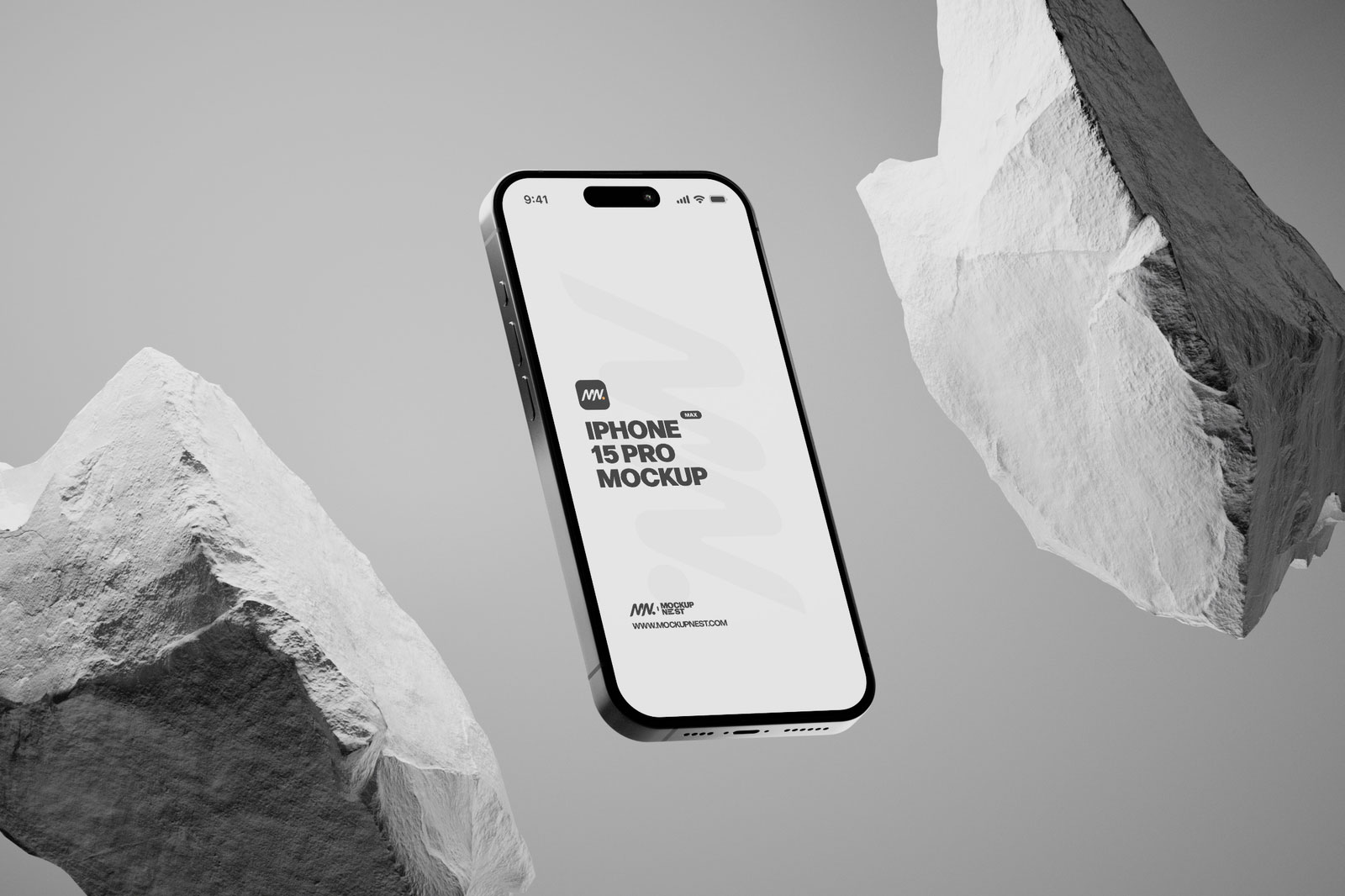 Free 3 Sights of iPhone 15 Pro Mockup with White Rock PSD Template