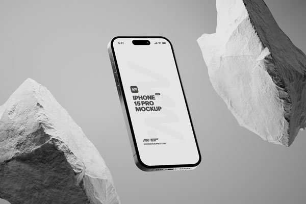 Free 3 Sights of iPhone 15 Pro Mockup with White Rock PSD Template
