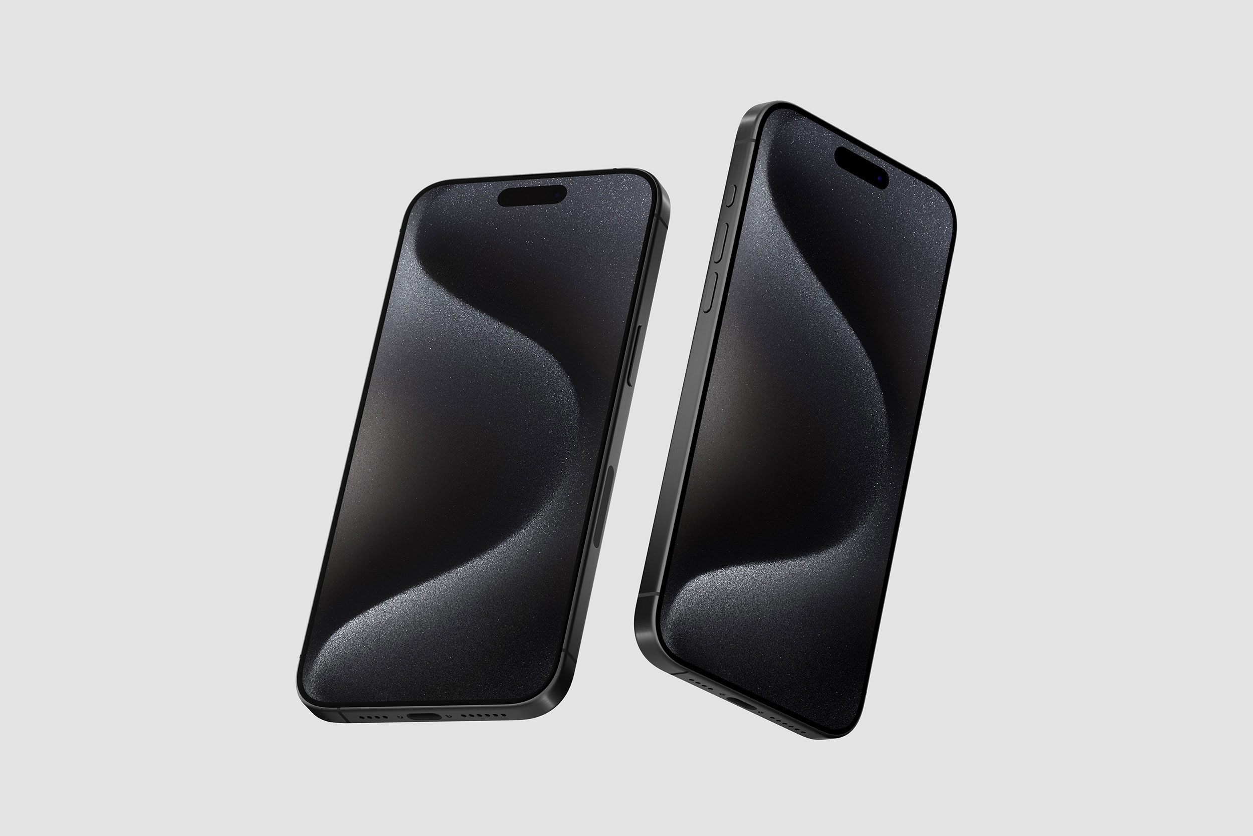Free Floating iPhone 15 Pro Mockup in Perspective Sight PSD Template