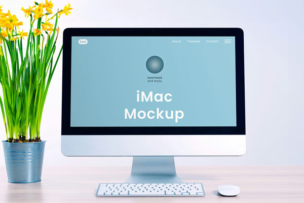 Free Front Sight of iMac Mockup with Flower PSD Template