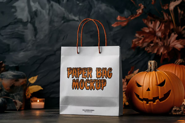 Free Front View of Halloween Paper Bag Mockup PSD Template