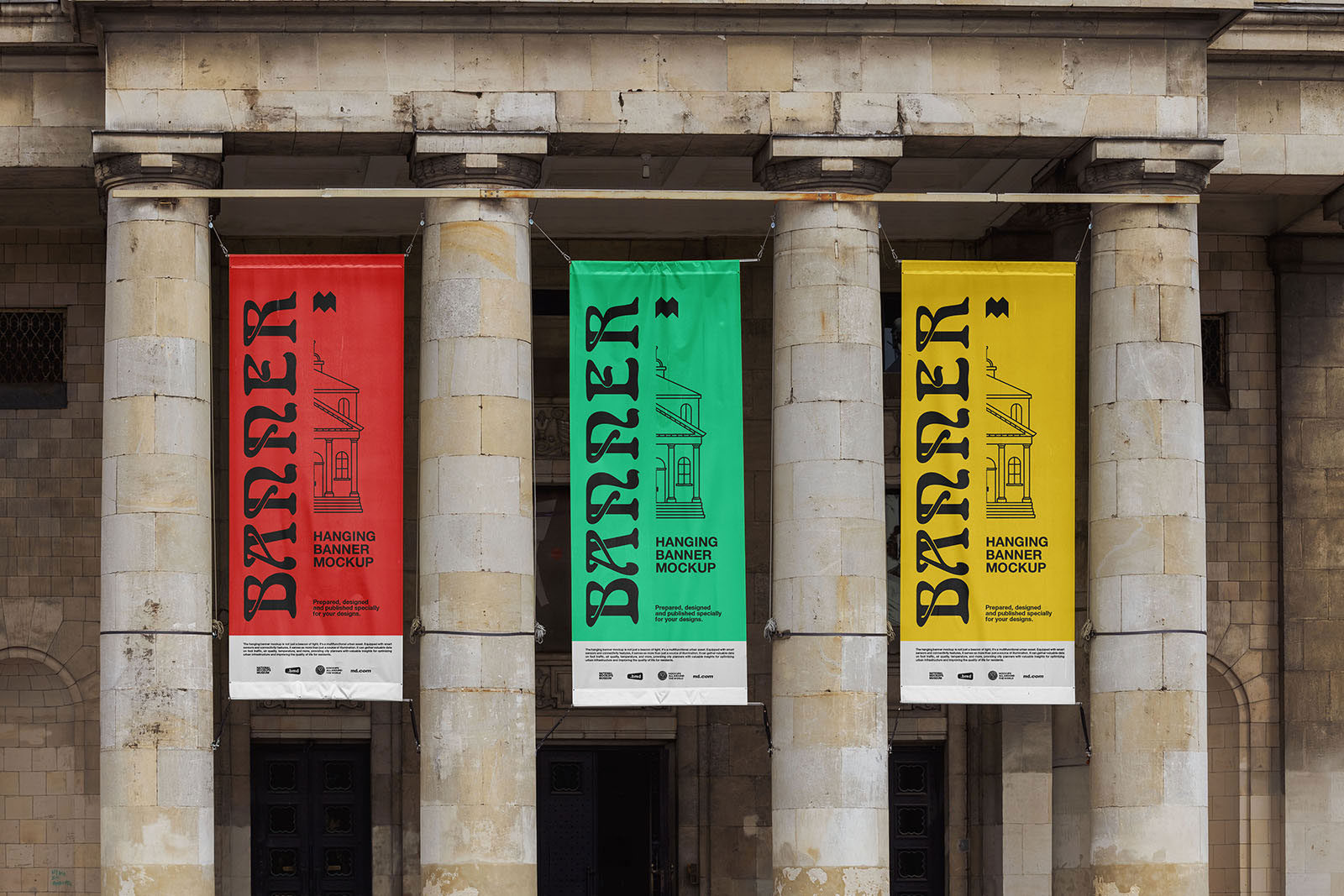 Free Front View of Hanging Banners Mockup PSD Template
