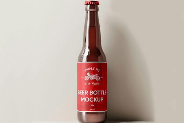 Free Front View of Standing Beer Bottle Mockup with Shadow PSD Template
