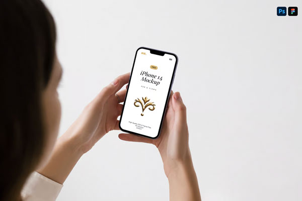 Free Perspective View of iPhone Pro Mockup in Woman Hands PSD Template