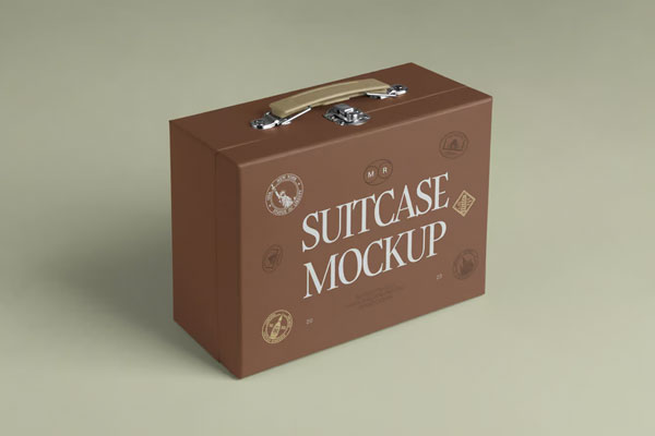 Free Perspective View of Suitcase Box Mockup PSD Template