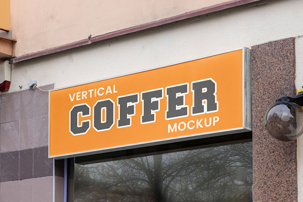 Free Rectangle Coffer Sign Mockup in Perspective Vision PSD Template