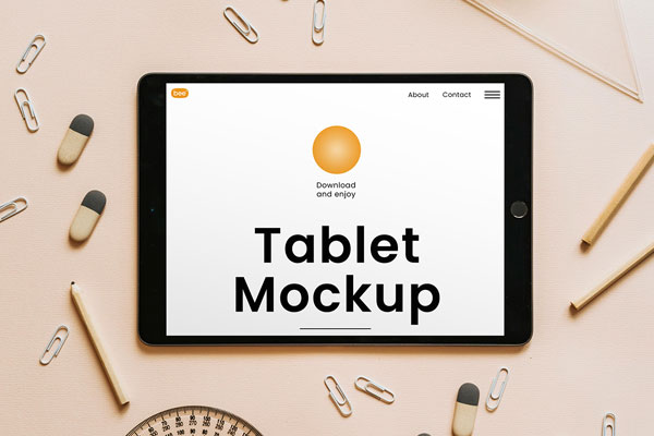 Free Top Sight of Lying Horizontal Tablet Mockup PSD Template