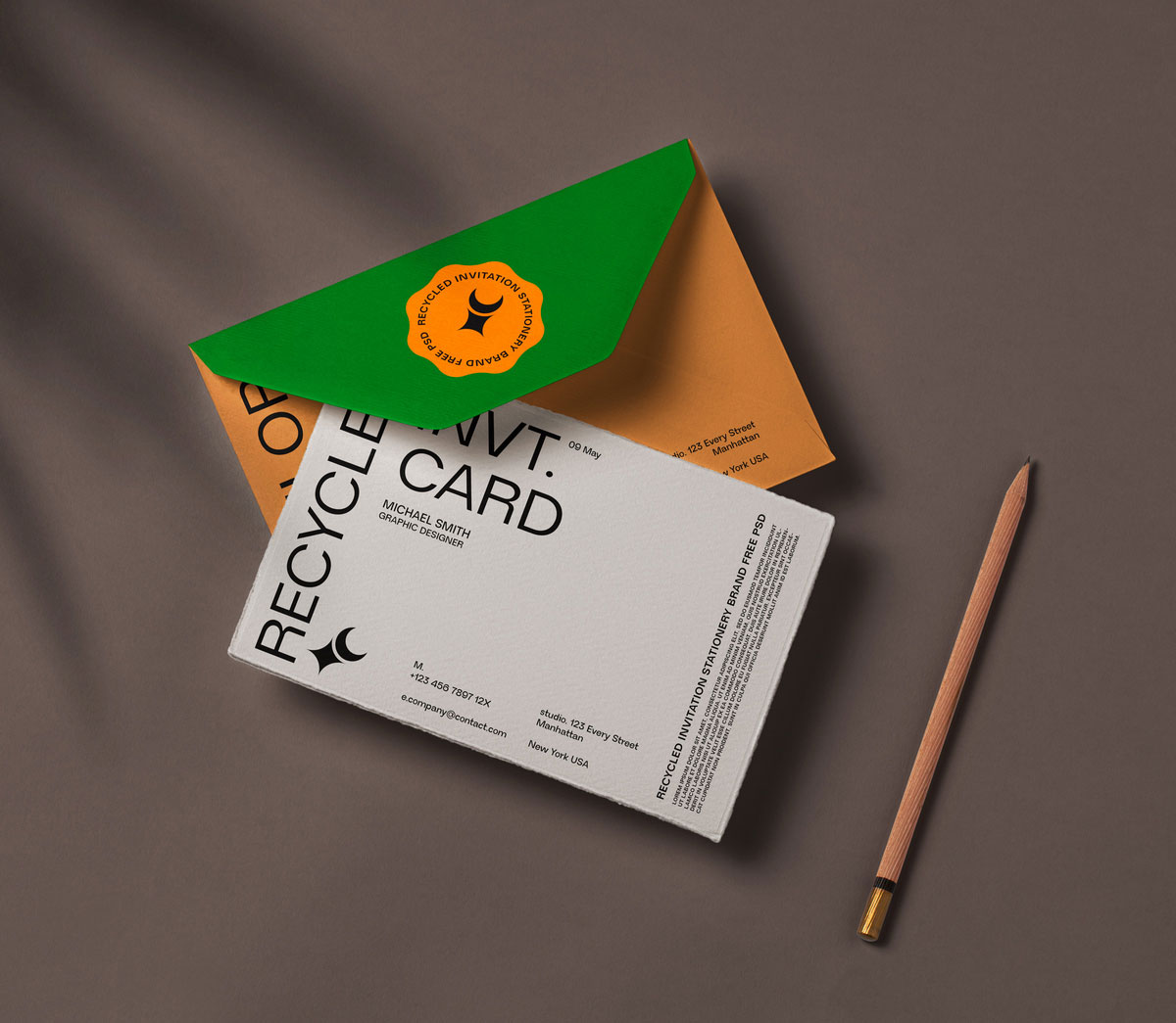 Free Top Sight of Recycled Invitation Card Mockup with Pencil PSD Template