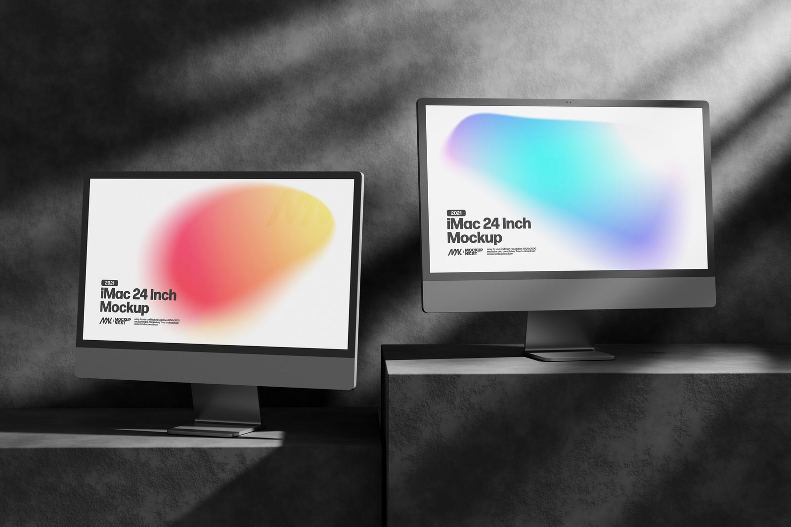 Free 3 Showcases of iMac Mockup with Shadows PSD Template