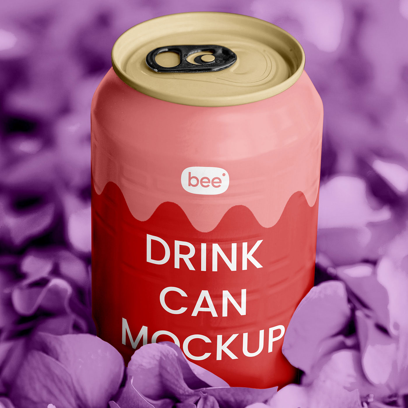 Free Facing Vision of Aluminum Can Mockup in Flower Petals PSD Template