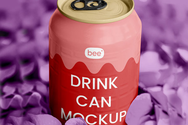 Free Facing Vision of Aluminum Can Mockup in Flower Petals PSD Template