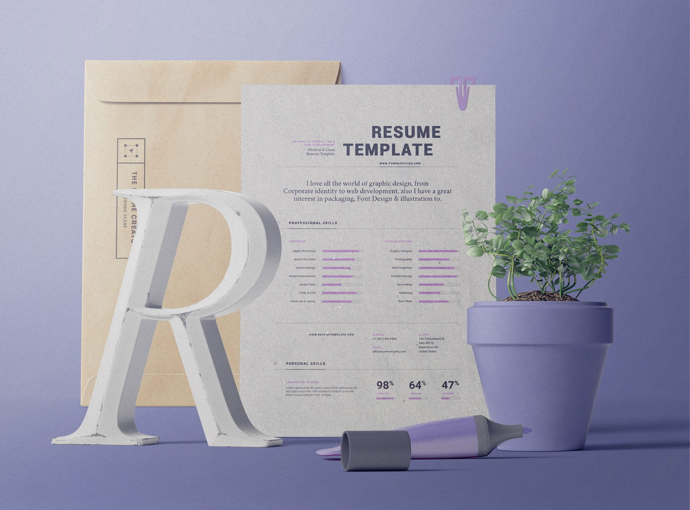 Free Front View of Resume Paper Mockup and Folder PSD Template