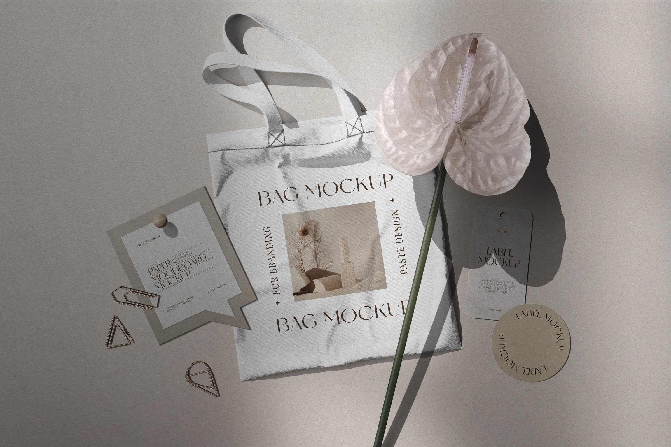 Free Mood Board Mockup with Fabric Bag and 2 Labels PSD Template