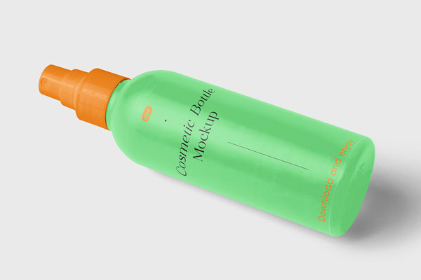 Free Perspective View of Cosmetic Spray Bottle Mockup PSD Template