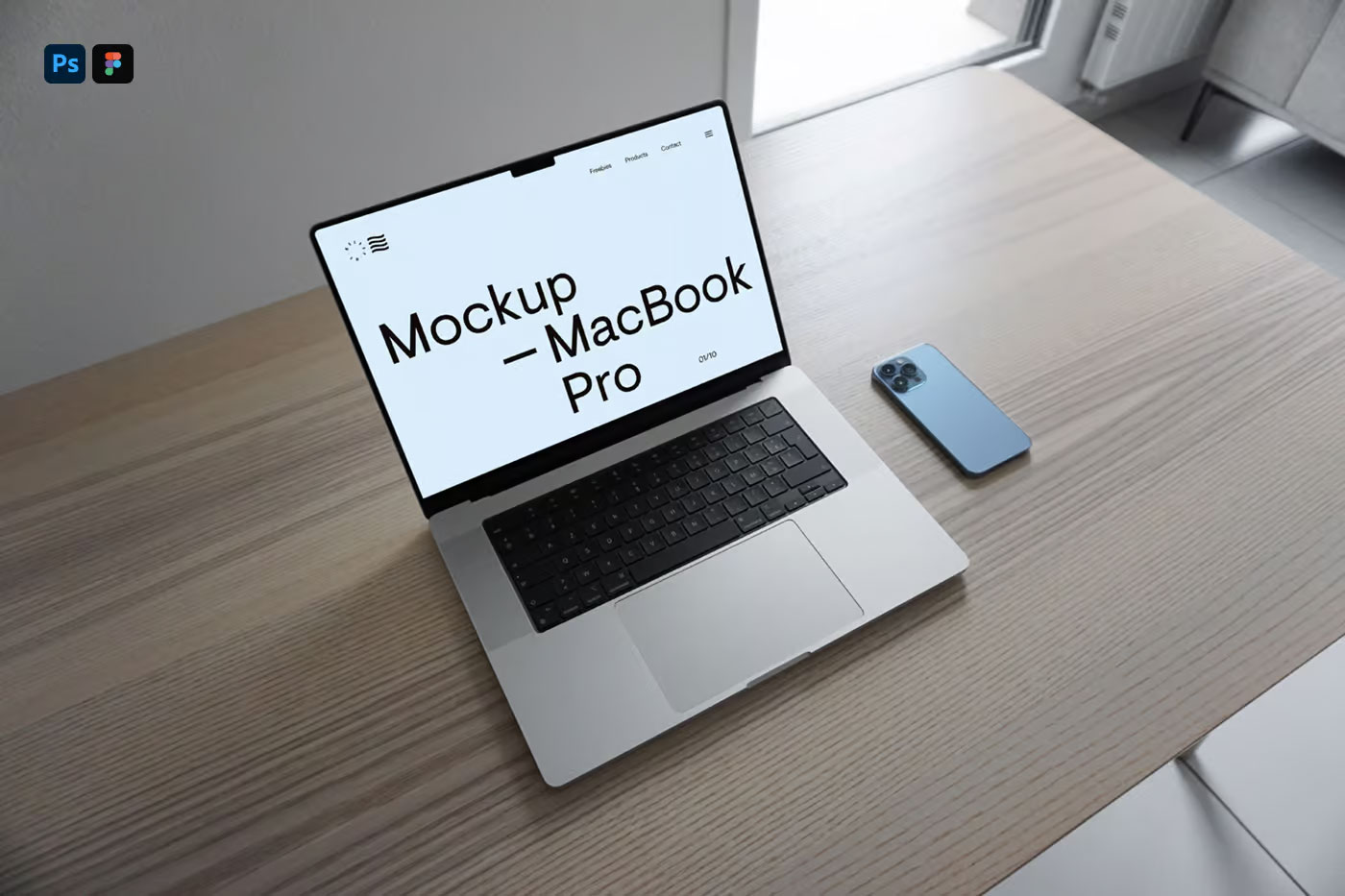 Free Perspective View of MacBook Pro Mockup on Table PSD Template