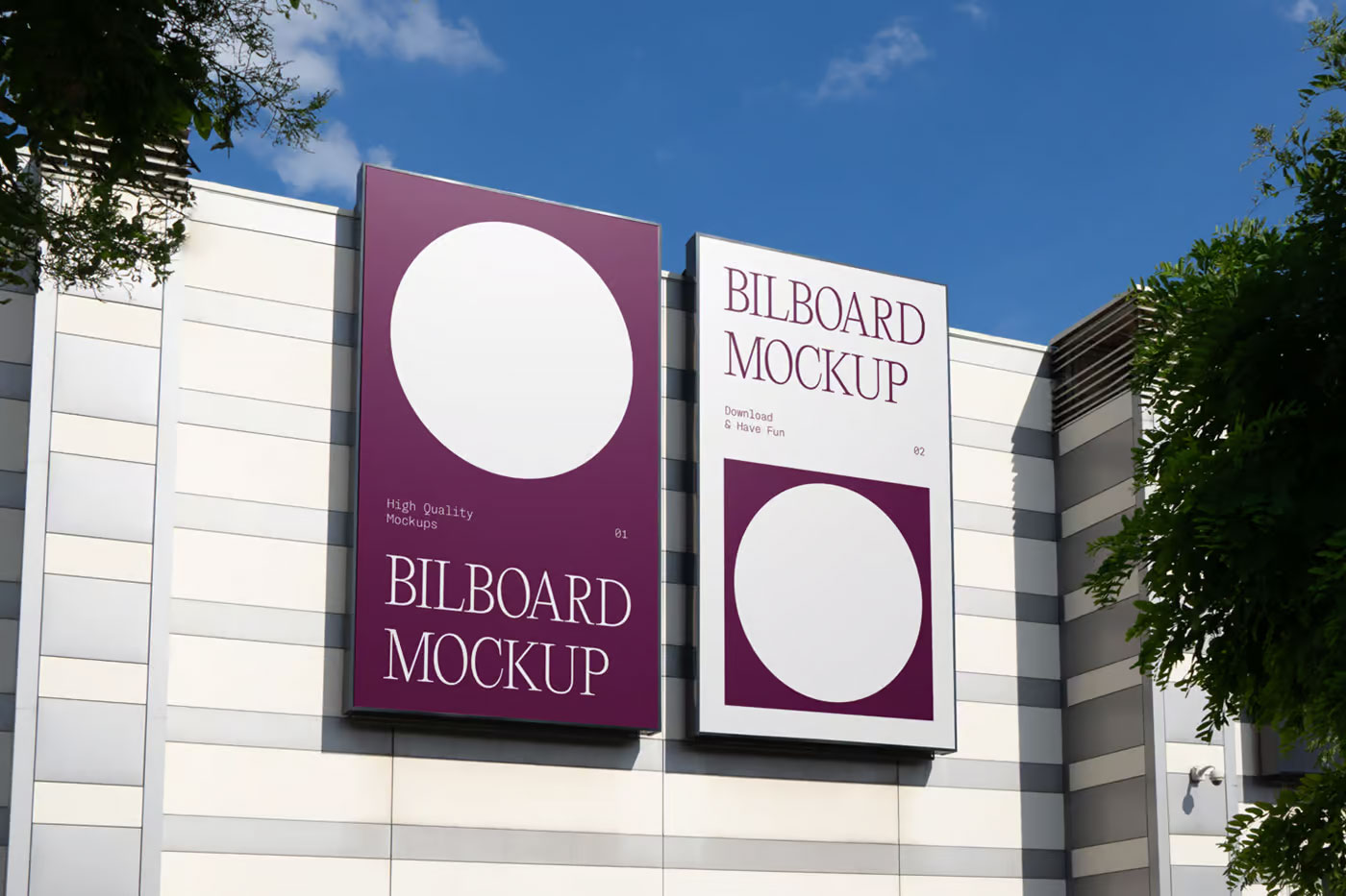 Free Perspective View of Vertical Billboards Mockup on Building PSD Template