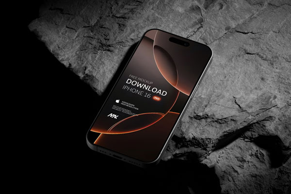 Free Perspective Vision of Black Titanium iPhone 16 Pro Mockup on Rock PSD Template