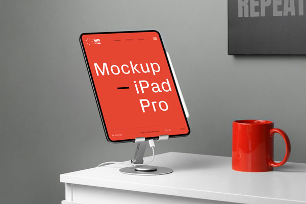 Free Perspective Vision of iPad Pro Mockup with Mug PSD Template