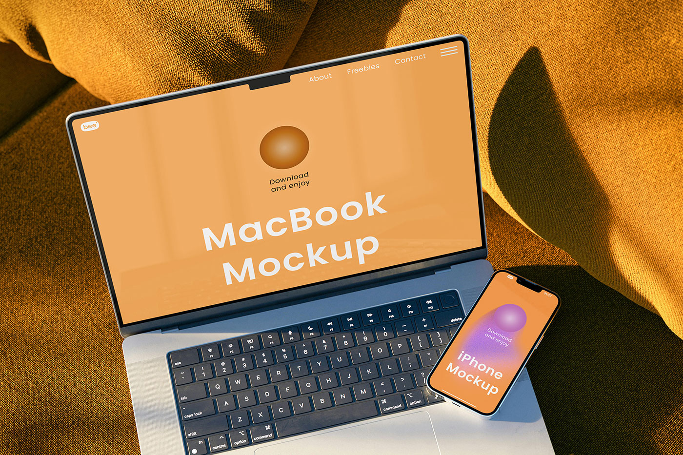 Free Top Sight of iPhone on MacBook Mockup PSD Template