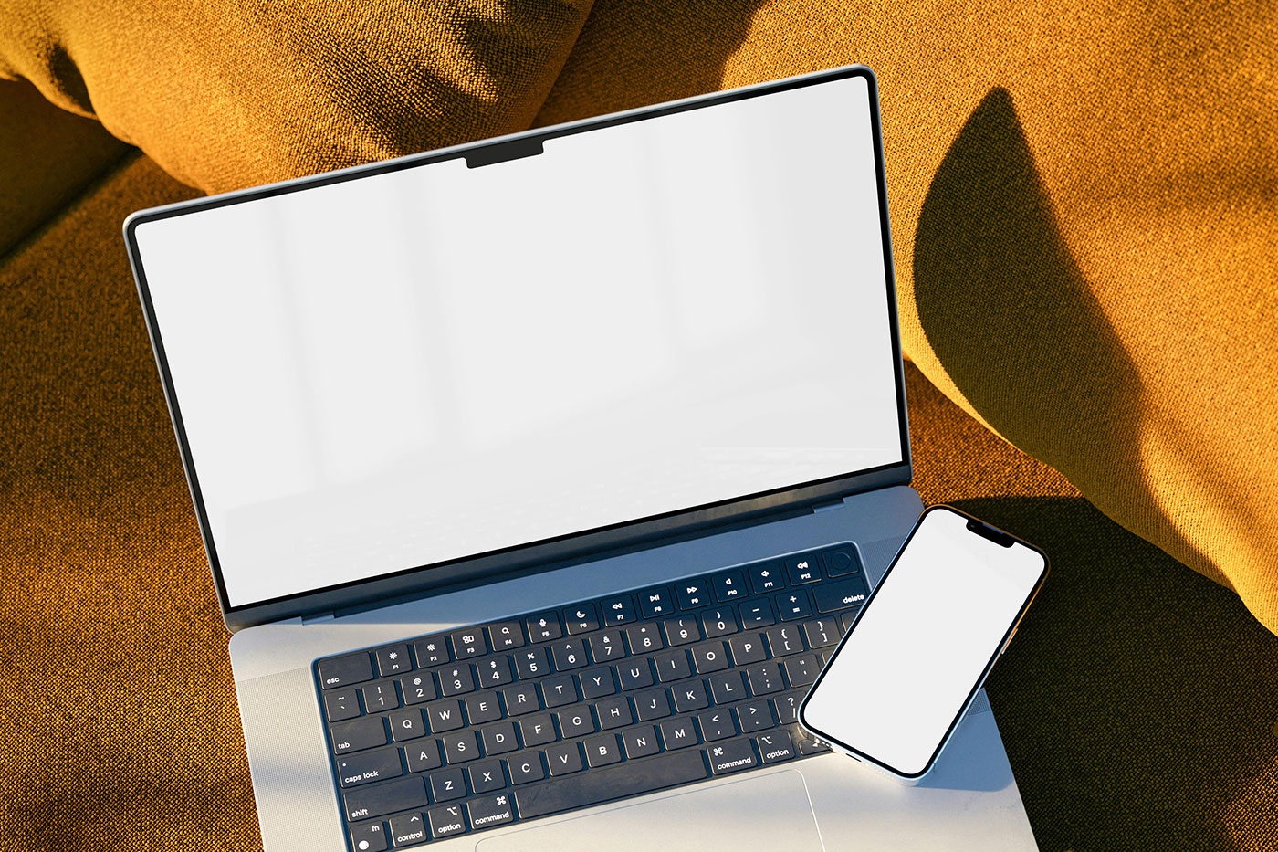 Free Top Sight of iPhone on MacBook Mockup PSD Template