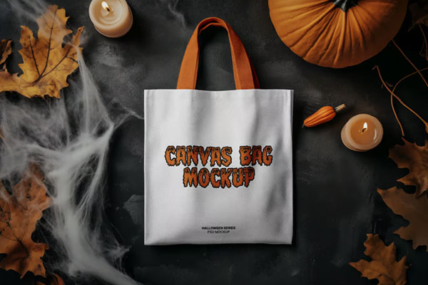 Free Top View of Halloween Canvas Bag Mockup PSD Template