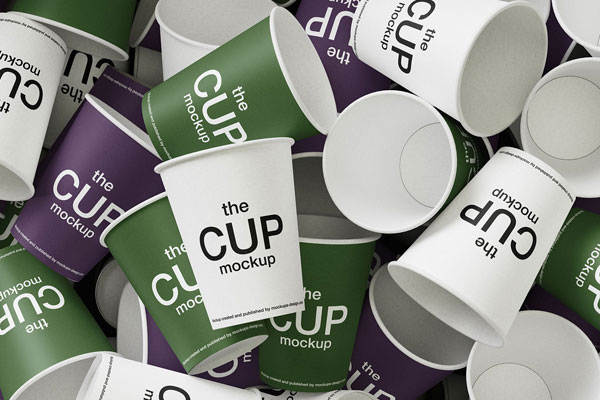Free 3 Mixed Coffee Cups Mockup in Top Sight PSD Template