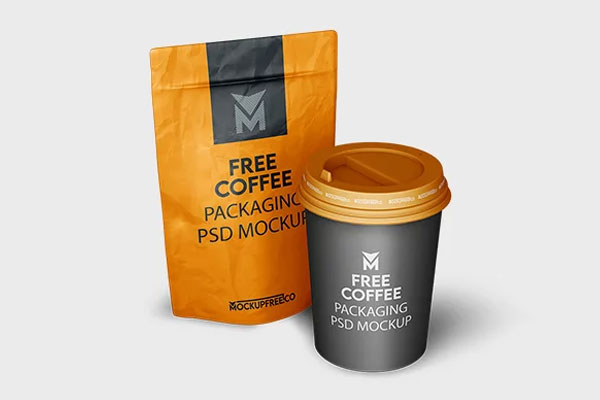 Free 3 Showcases of Coffee Bag Mockup with Cup PSD Template