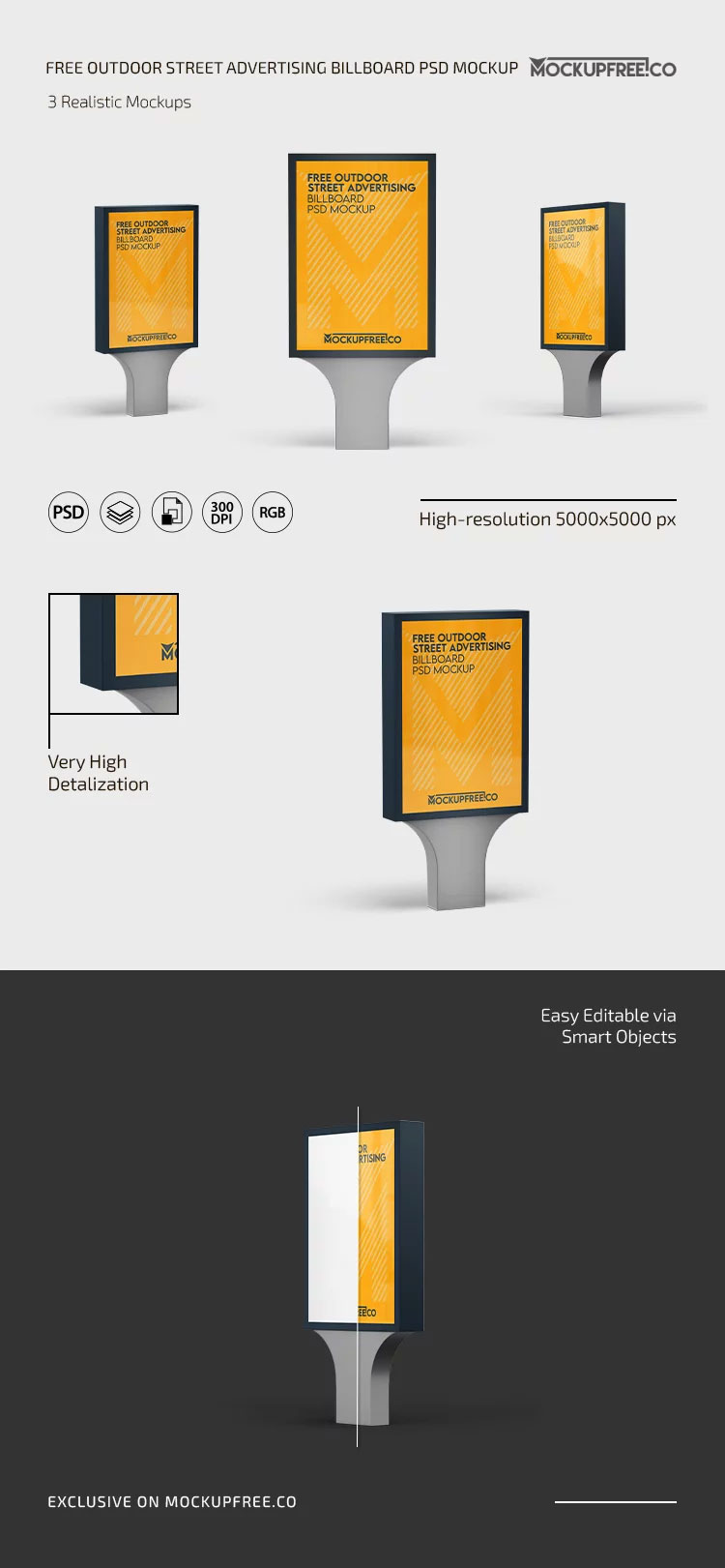 Free 3 Showcases of Outdoor Street Advertising Billboard Mockup PSD Template
