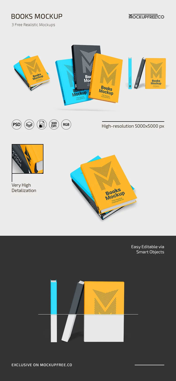 Free 3 Sights of Books Mockup PSD Template
