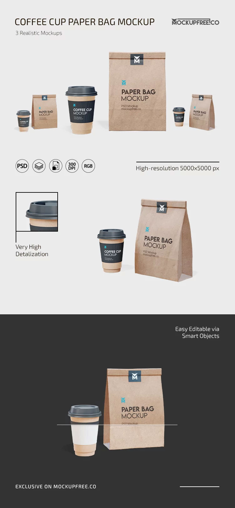 Free 3 Sights of Coffee Paper Bag Mockup with Cup PSD Template
