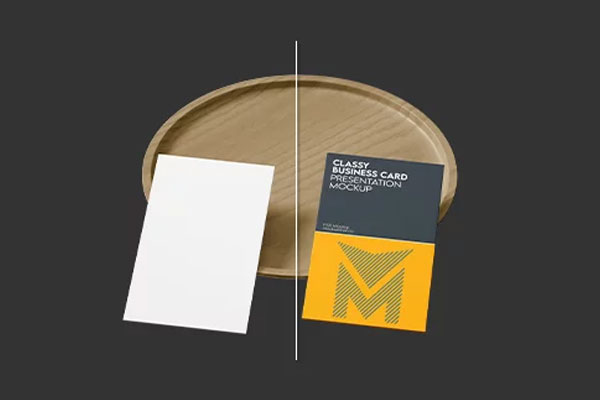 Free 3 View of Business Card Mockup with Wooden Plate PSD Template