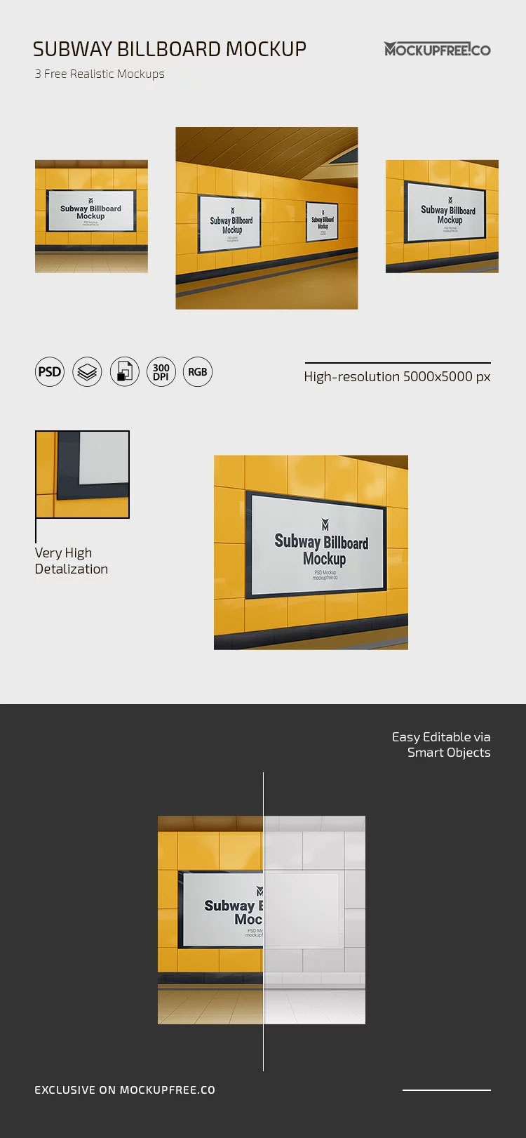 Free Subway Billboard Mockup in 3 Views PSD Template
