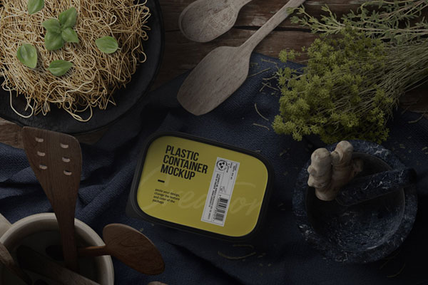 Free Top View of Pasta Preparation and Plastic Container Mockup PSD Template