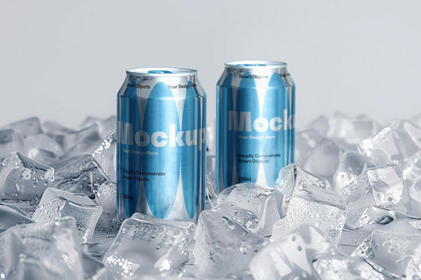 Free Ice Cubes Soda Cans Mockup PSD Template