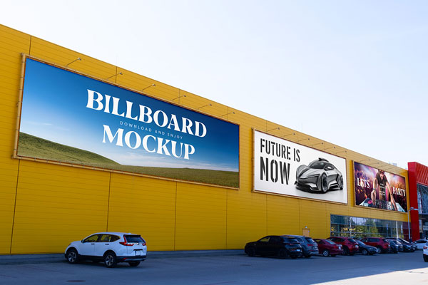 Free Billboards on Big Building Mockup PSD Template