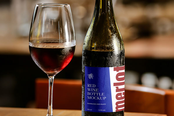Free Bottle of Wine with Glass Mockup PSD Template
