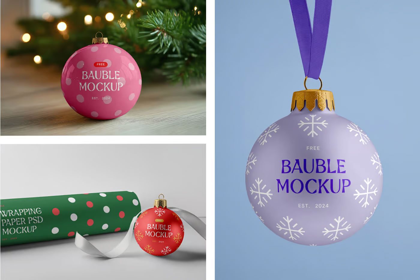Free Christmas Bouble and Wrapping Paper Mockups PSD Template