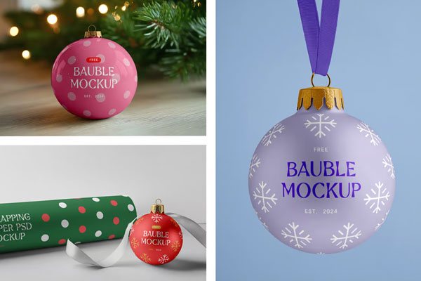 Free Christmas Bouble and Wrapping Paper Mockups PSD Template