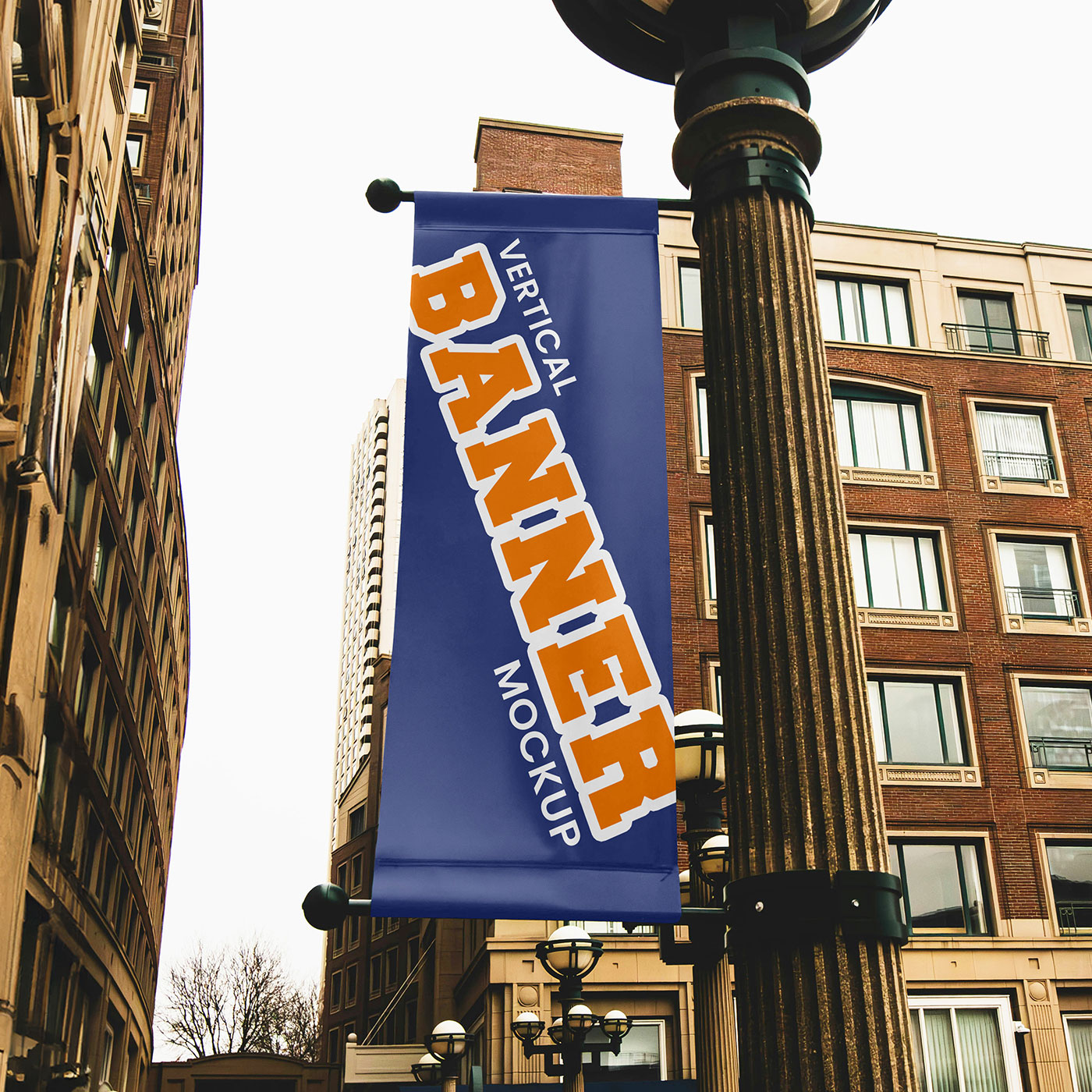 Free Flag on Street Lamp Mockup PSD Template