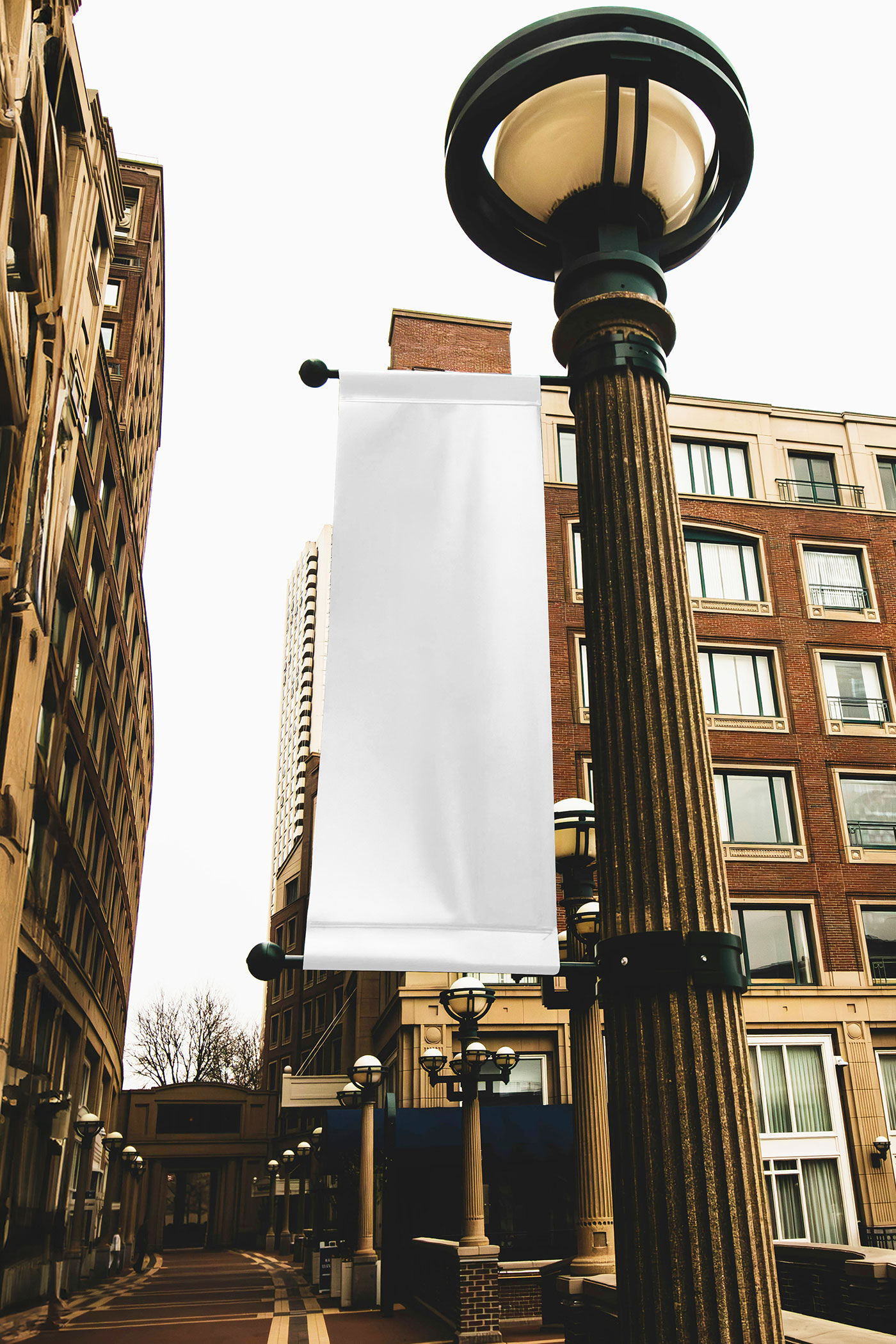 Free Flag on Street Lamp Mockup PSD Template