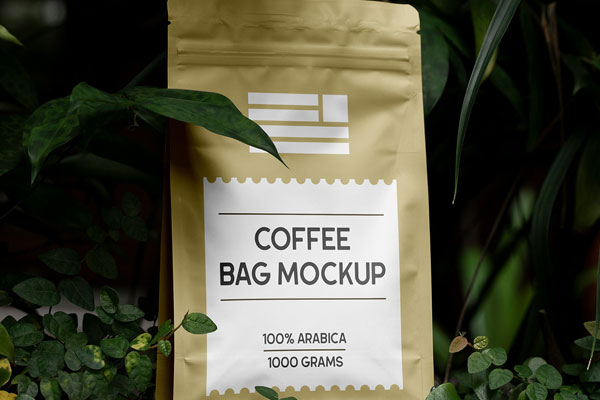 Free Foil Coffee Bag in Plants Mockup PSD Template