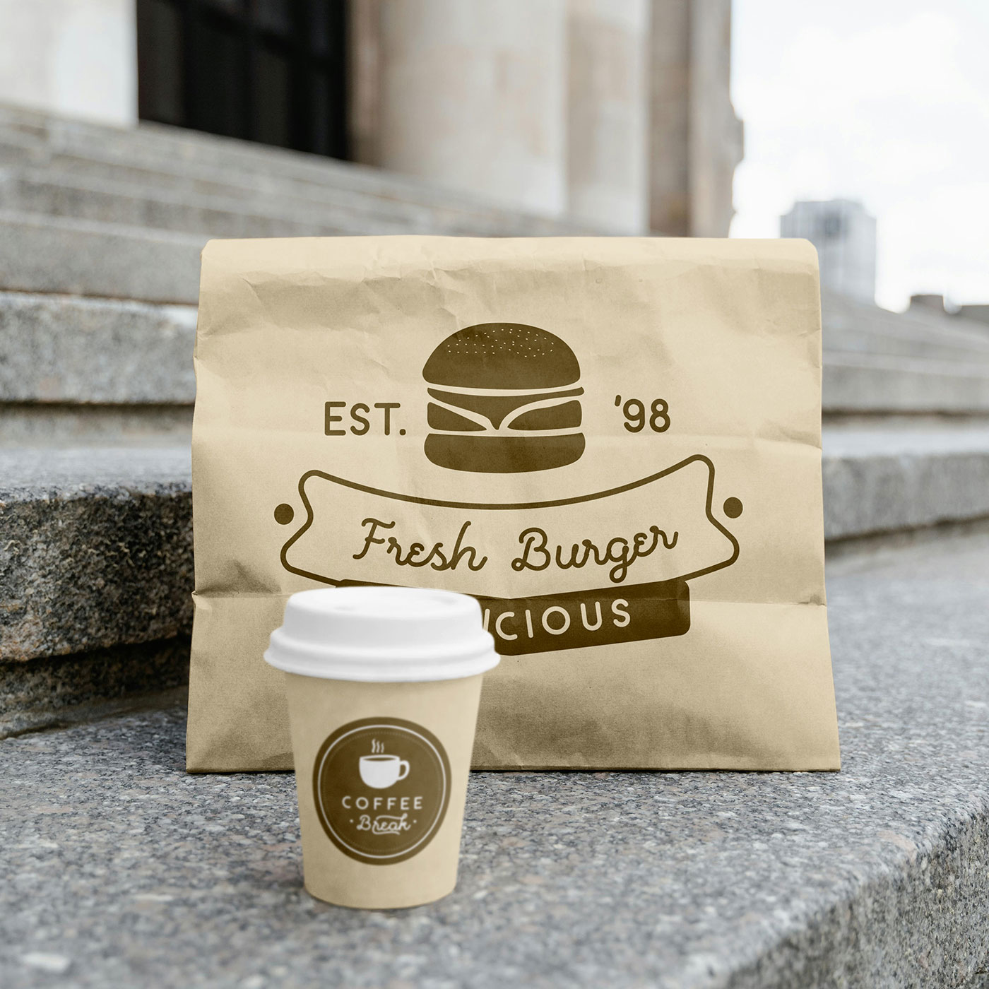 Free Food Bag with Paper Cup Mockup PSD Template