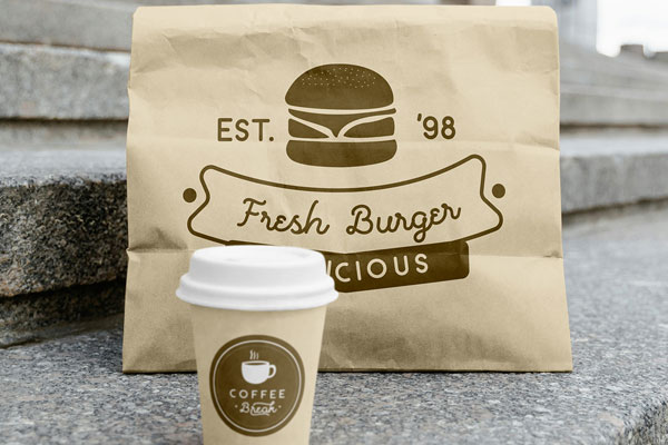Free Food Bag with Paper Cup Mockup PSD Template