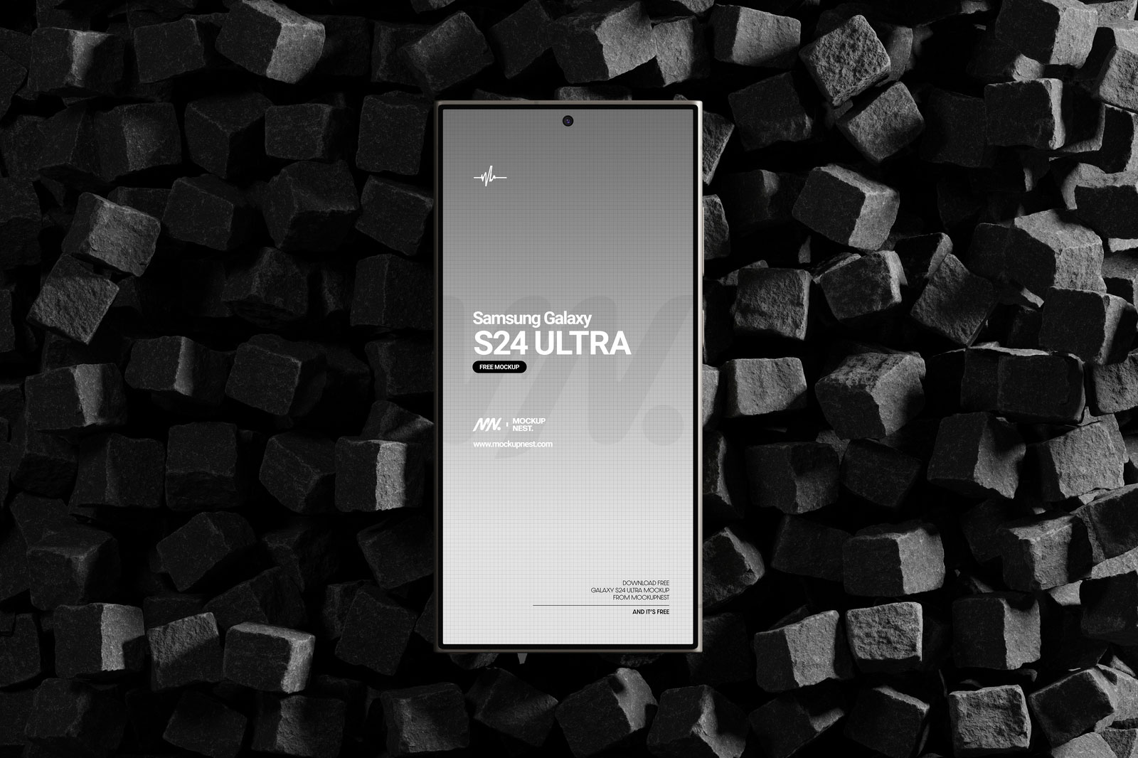 Free Galaxy S24 Ultra Mockup on Cube Stones PSD Template