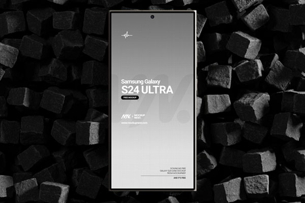 Free Galaxy S24 Ultra Mockup on Cube Stones PSD Template
