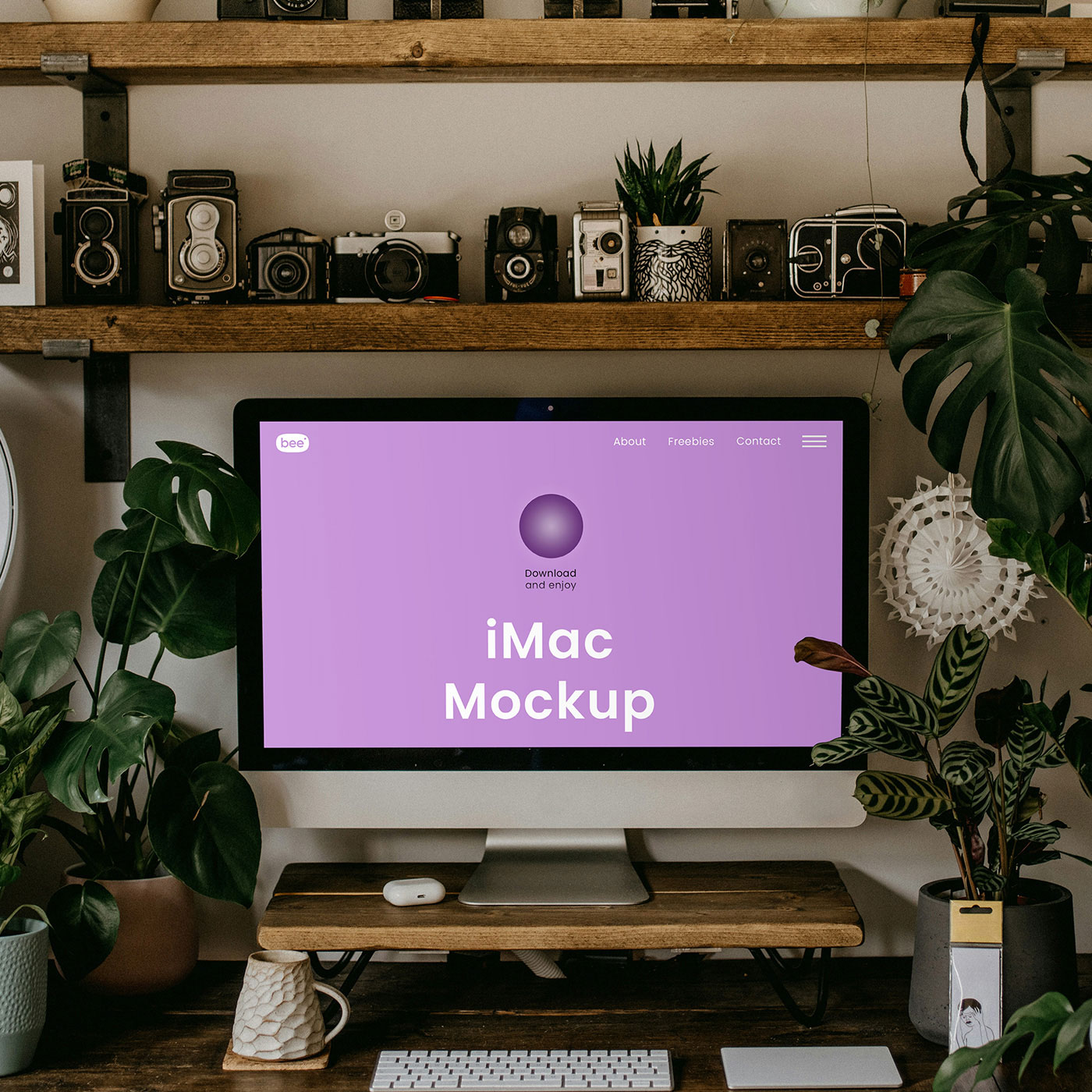 Free Home Office iMac with Plants Mockup PSD Template
