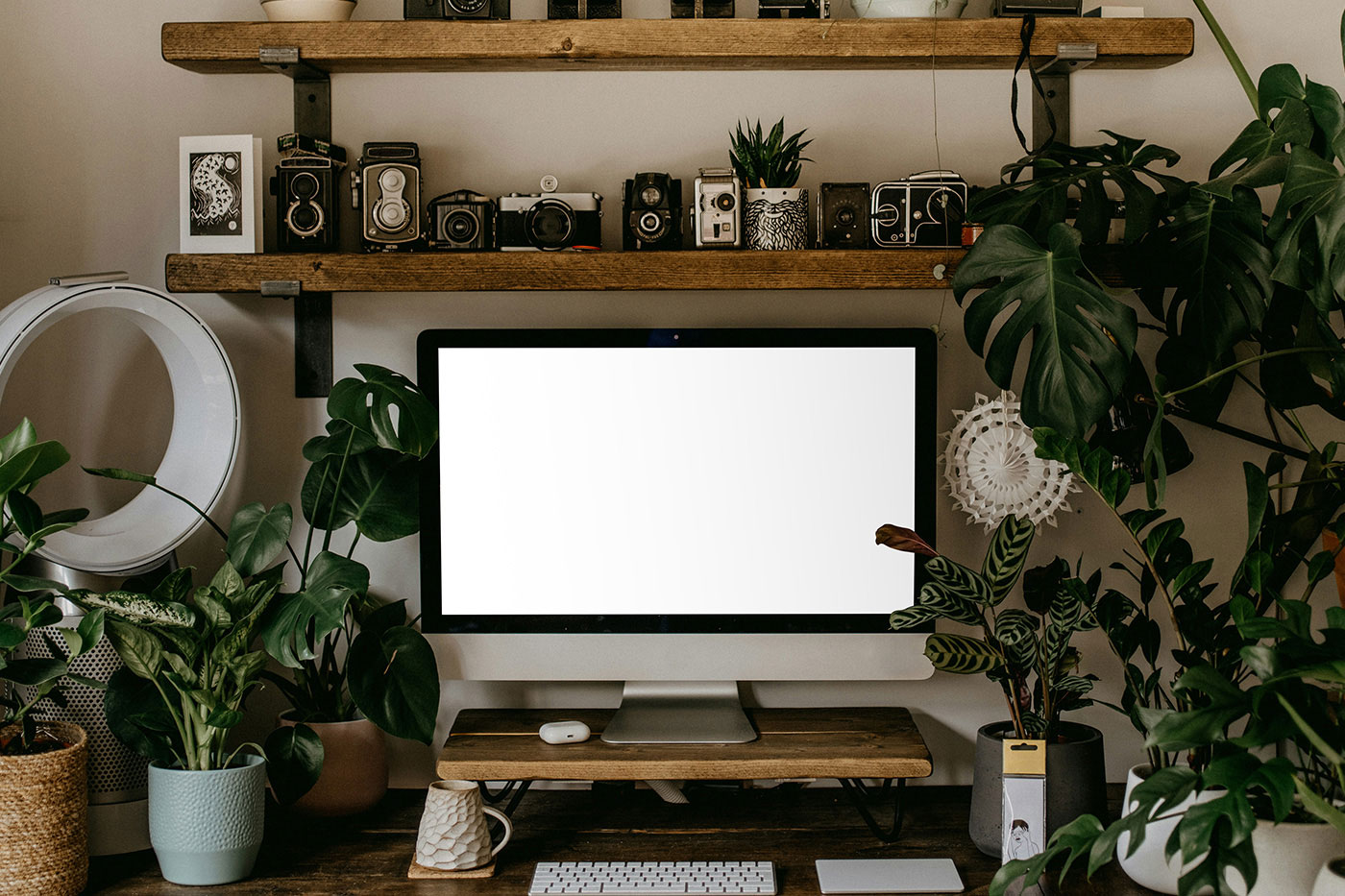 Free Home Office iMac with Plants Mockup PSD Template