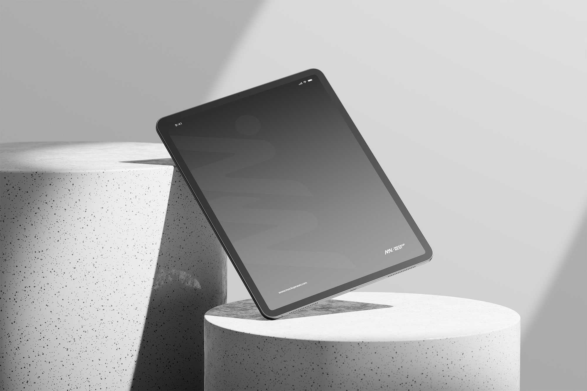 Free iPad Pro Mockup on Round Podium PSD Template
